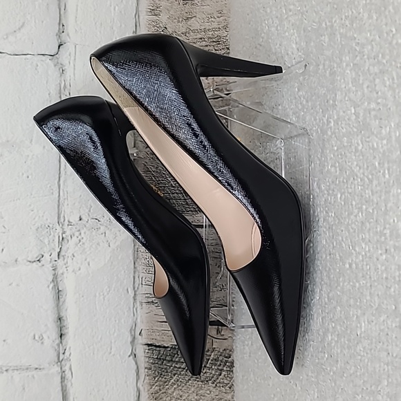Prada Saffiano Vernice Textured Leather Pointy Toe Stiletto Pumps in Black - Picture 10 of 17